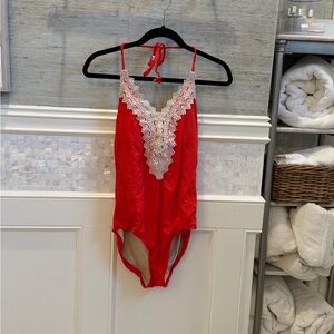 Large Anthropologie allihop one piece swimsuit red lace front halter tie neck